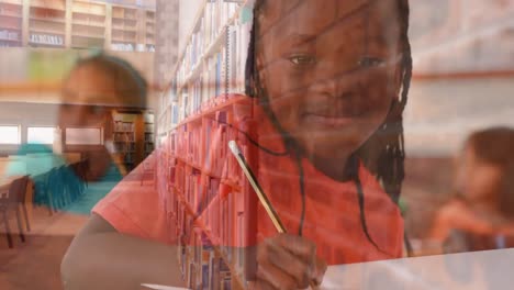 little girl working in a class room surrounded by animation of library