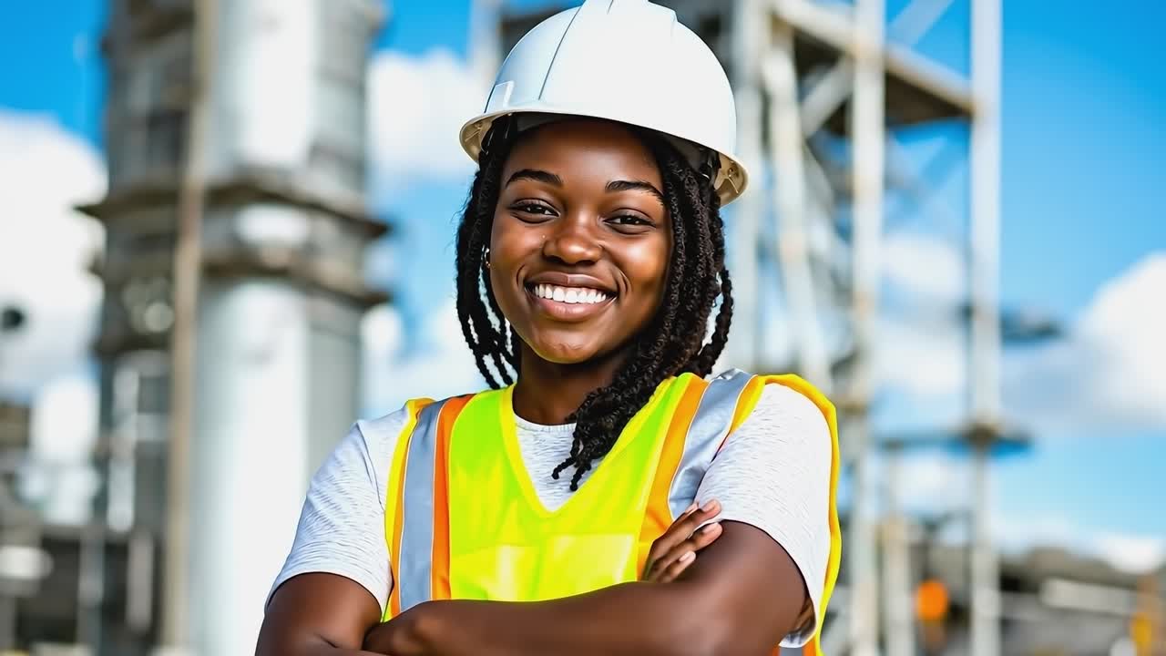 A woman wearing a hard hat and safety vest standing in front of a construction site