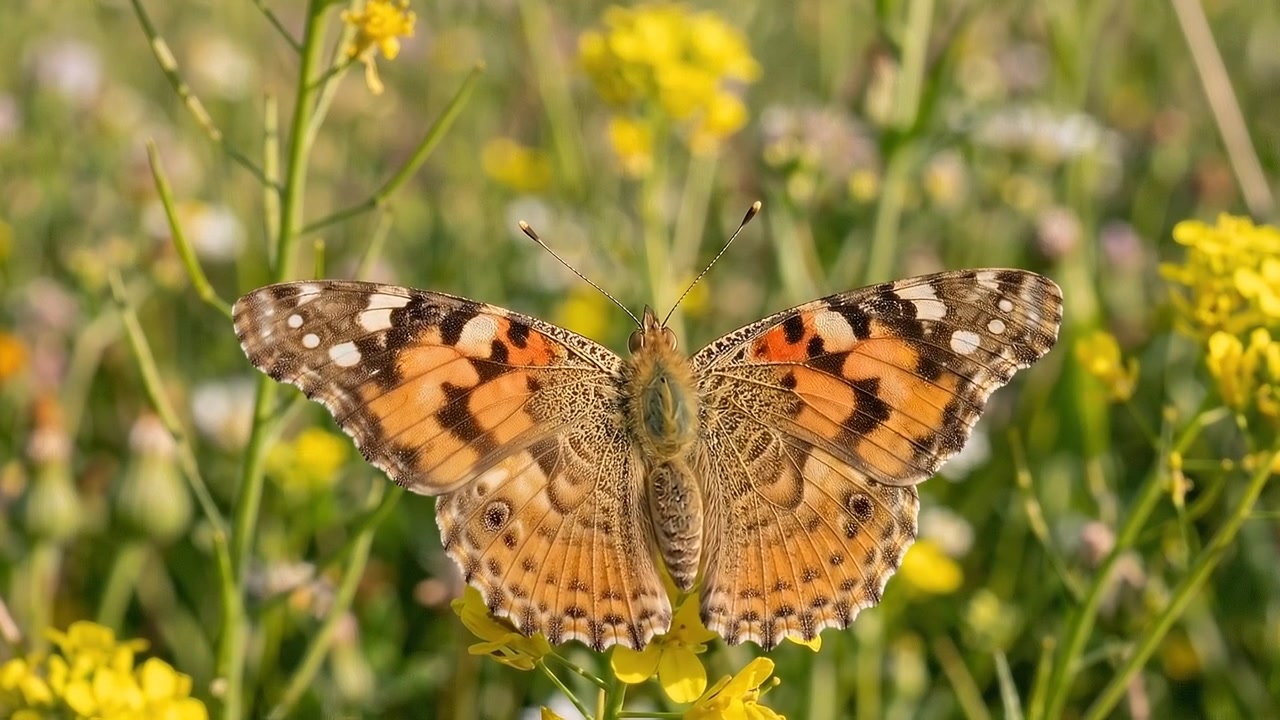 Farfalla Vanessa del Cardo posata su fiori selvatici gialli