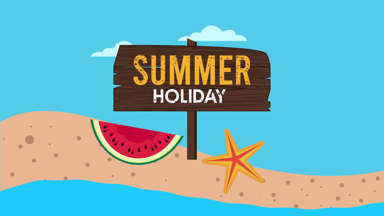 해변에 나무 라벨과 수박을 가진 여름 휴가 시즌