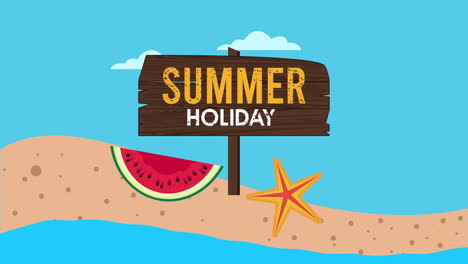 temporada de vacaciones de verano con etiqueta de madera y sandía en la playa
