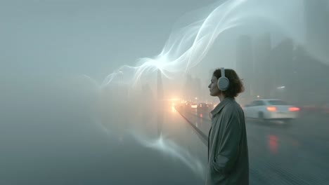 woman listening to music in foggy city