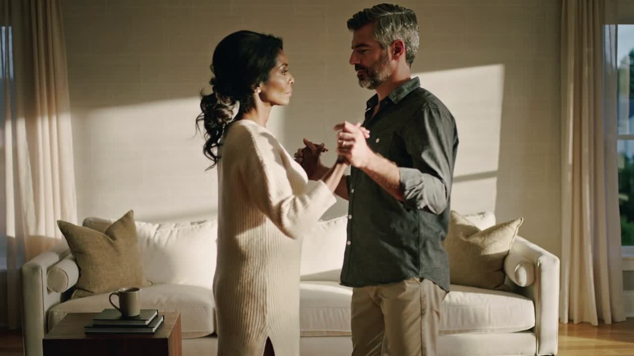 Coppia che si tiene per mano, lei con abito color crema e lui con camicia scura, si dondola nel soggiorno accanto al divano, condividendo un momento.
