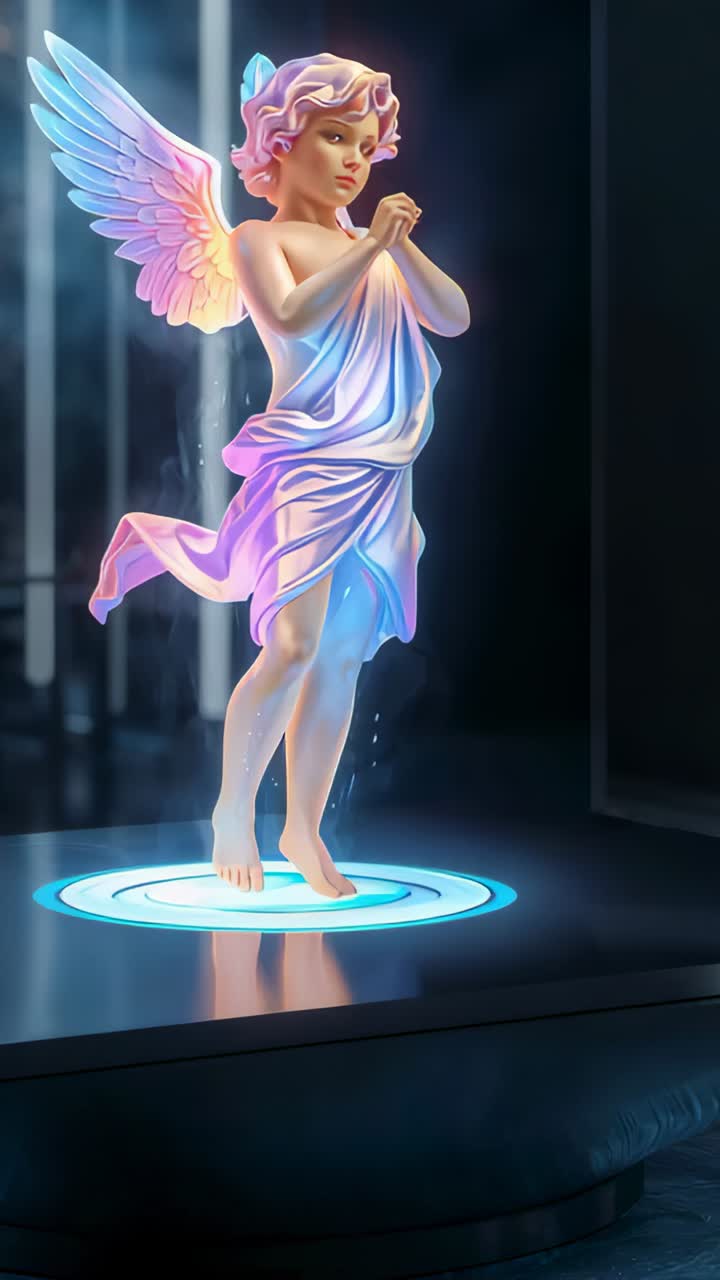 Vertical video: Activating ringed base in gallery lighting angel in toga blue flame pastel wings