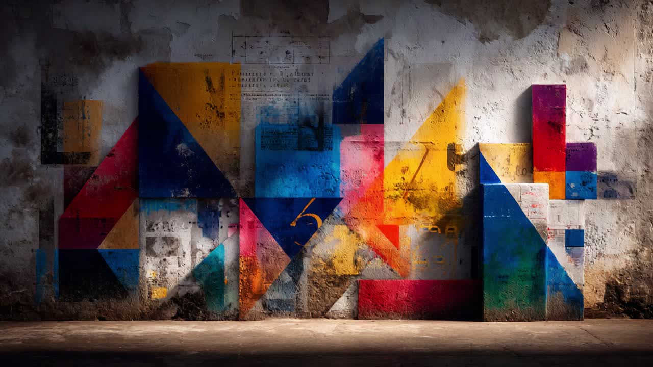 Vibrant Geometric Art on an Urban Wall: A Stunning Display of Colorful Shapes and Textures Illuminated by Dramatic Lighting, Combining Modern Aesthetics and Raw Surfaces