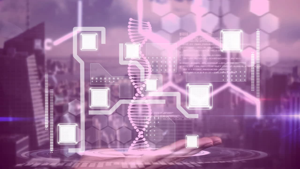 DNA strand and digital data processing animation over futuristic cityscape