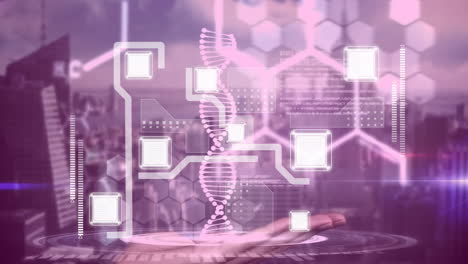 DNA strand and digital data processing animation over futuristic cityscape