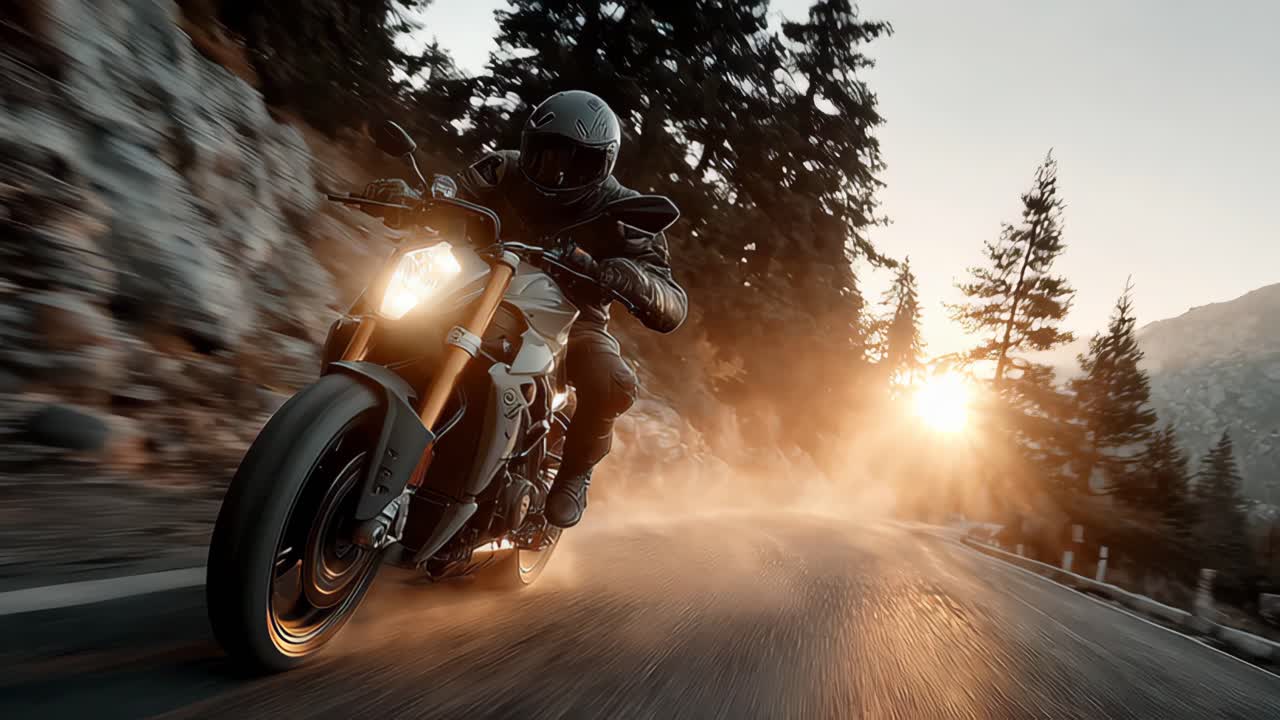 Adventurous rider on motorcycle descending mountain road at sunset