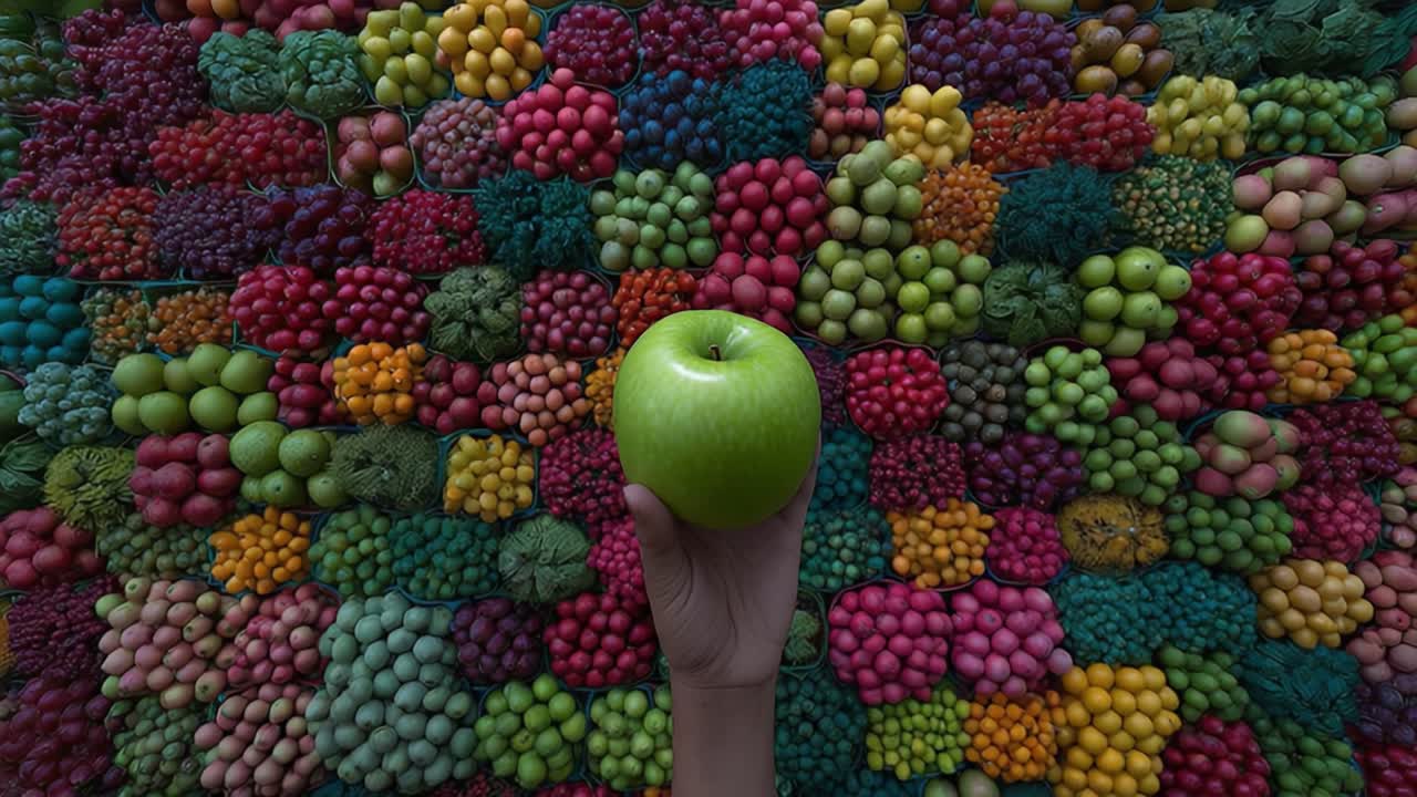 Un primo piano di una mano che tiene una mela verde su uno sfondo vivace e colorato di frutta fresca in un ambiente di mercato.