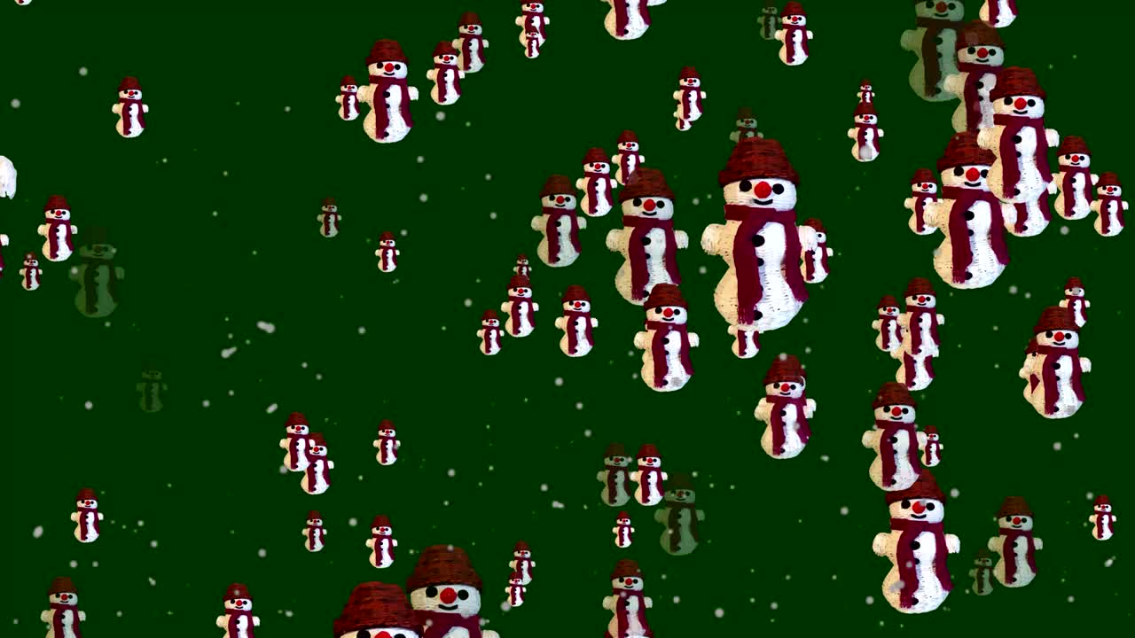 모자와 스카프를 입은 스노우맨이 날아다니는 배경, 녹색 화면의 애니메이션, 크로마 키, 원활한 루프 모션 그래픽