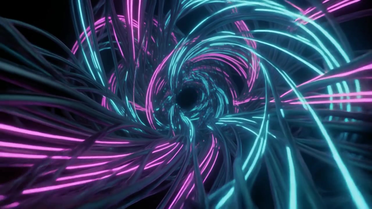 Tunnel astratto di cavi in fibra ottica al neon luminosi