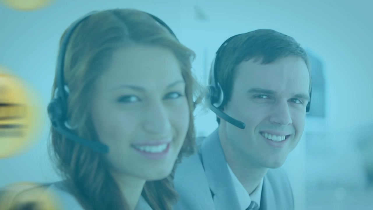 Animation of network of connections with icons over diverse business people using phone headsets