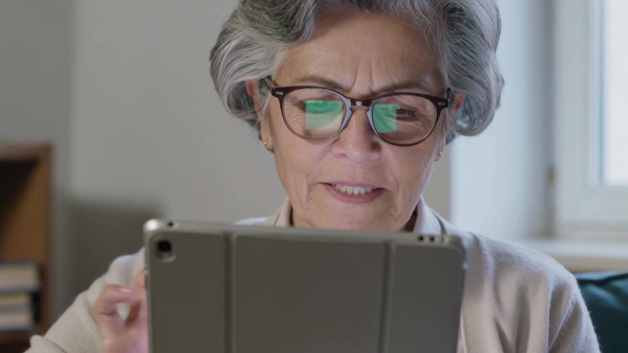 Noticing tablet, senior woman in cardigan tapping screen while reading softly on couch with glasses