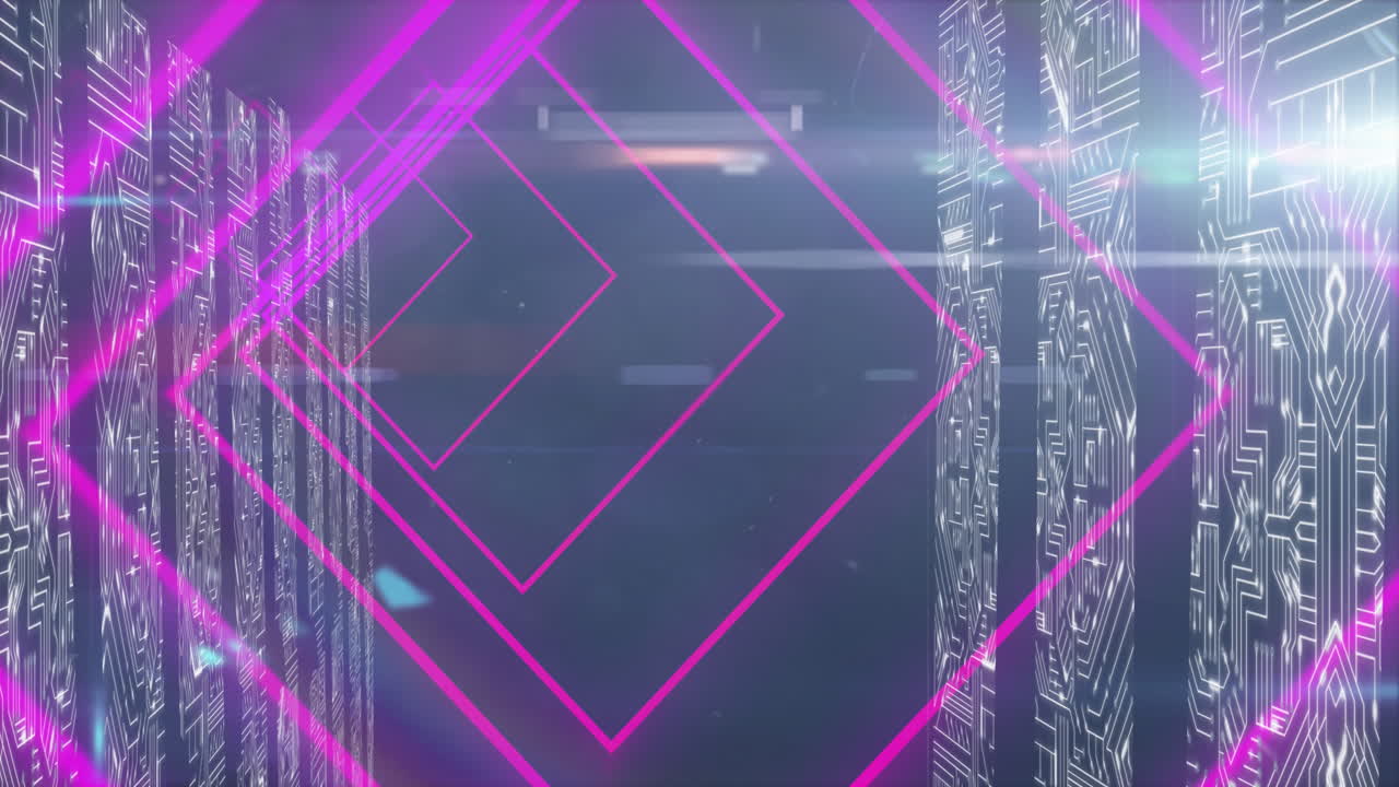 Animation of pink neon geometrical shapes over data processing