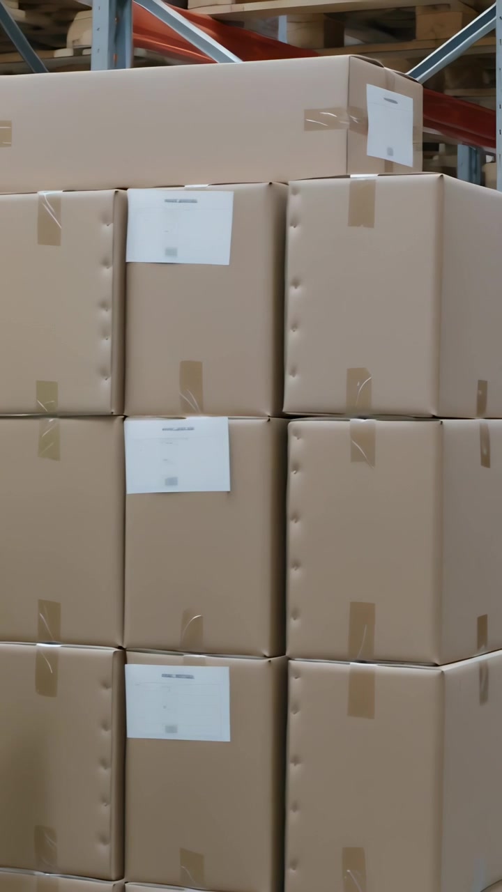 Vertical video: Panning camera showing stacked cartons as worker in vest noting clipboard for stock