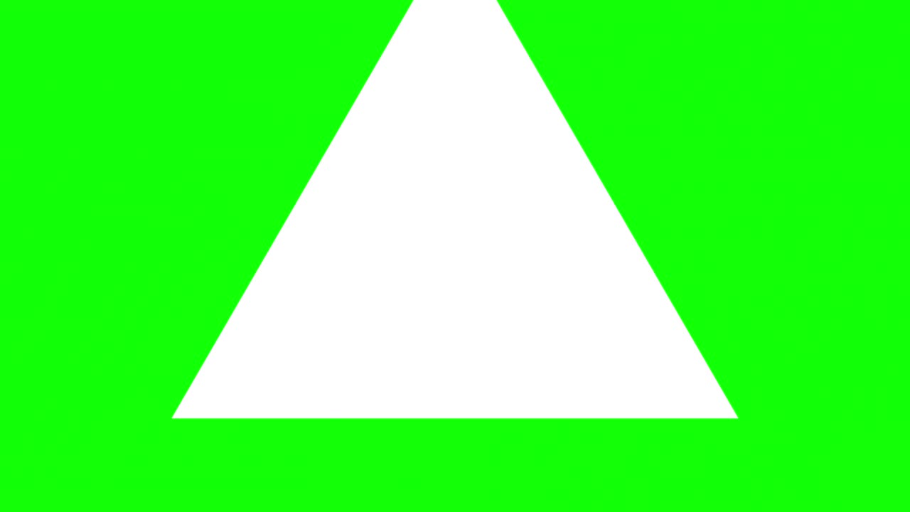 초록색 배경과 여러 개의 움직이는 삼각형, 반복적으로 확대 및 축소
