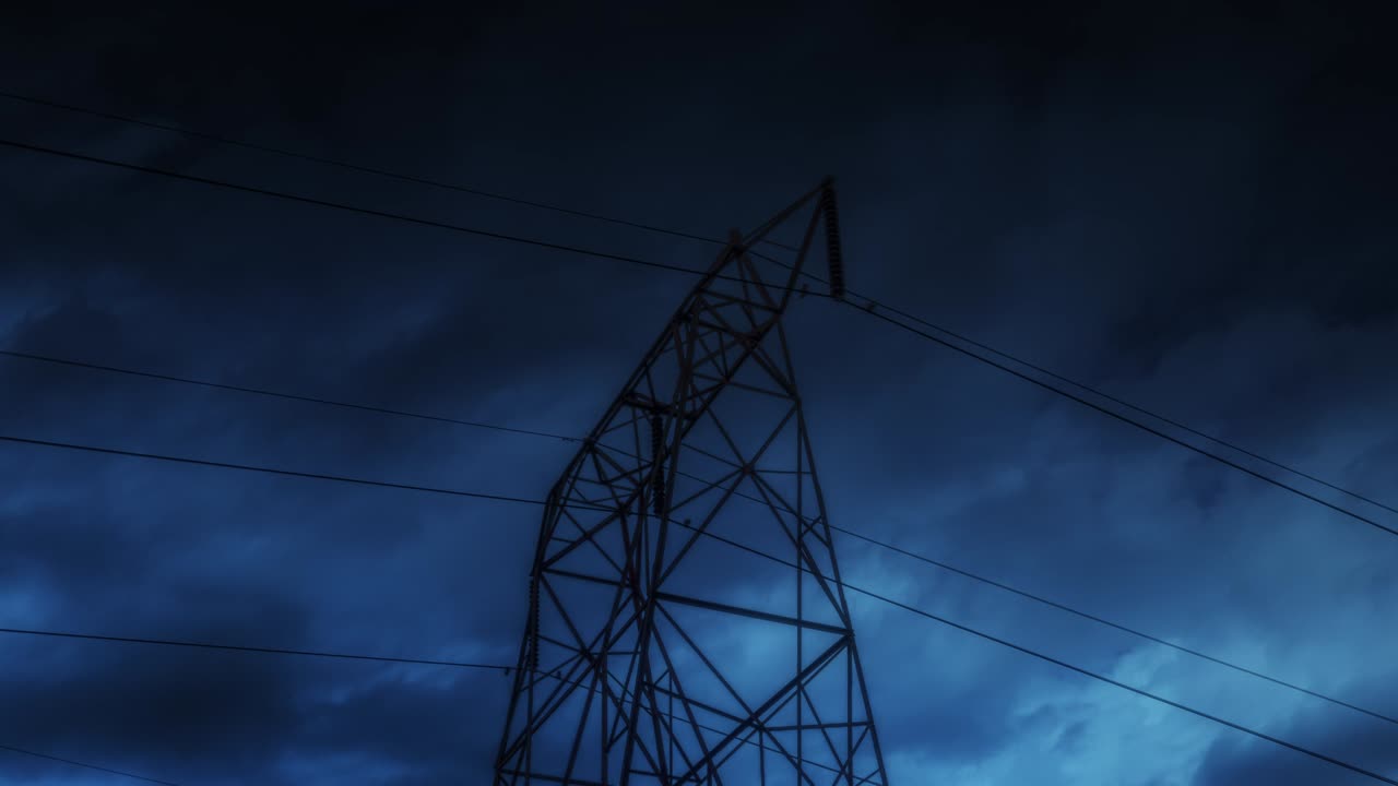 Time Lapse of Electric High Voltage Electricity Tower and lightning strikes on night dark sky in summer. beautiful thunderstorm rolling cloudscape, tornado, supercell bad, danger time. 4K loop