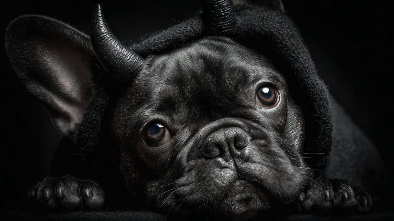 A Charming Black French Bulldog Dressed in a Cozy Hood with Horns, Creating an Adorable Yet Mischievous Look Against a Dark Background