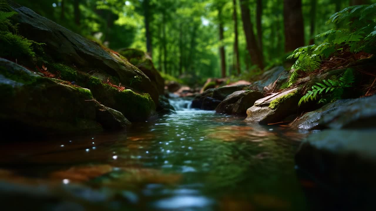 Fredfyldt vandløb, der strømmer gennem frodig, grøn skov omgivet af mosklædte klipper og grønligt løv i en fredfyldt natur