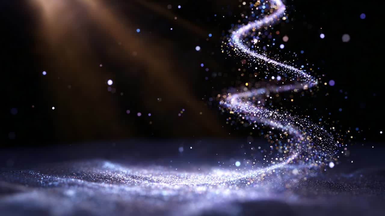 Una danza ipnotica di luce e particelle turbina elegantemente in un'atmosfera oscura, mostrando l'incantevole bellezza di scintillii luccicanti intrecciati in un'elica delicata, catturando l'essenza di momenti magici
