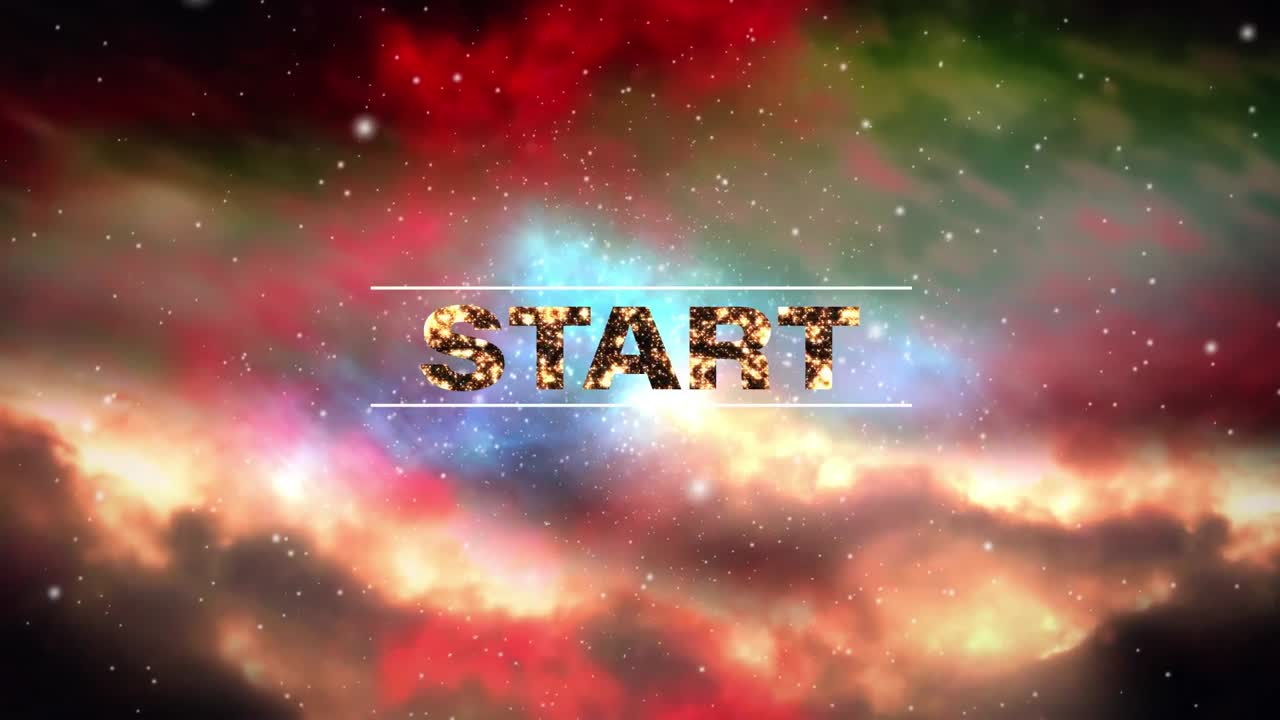 Animation of glittering gold text start, over stars in colourful sunset sky