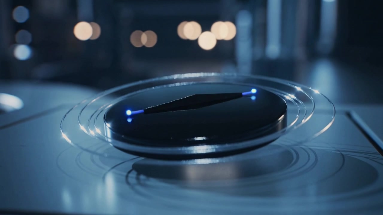 Kameraet bevæger sig ned og aktiverer en blank puck, der svæver over et laboratoriebord med ringe, blå LED'er pulserer