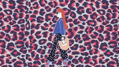 animación de una mujer caminando sobre un patrón de animal