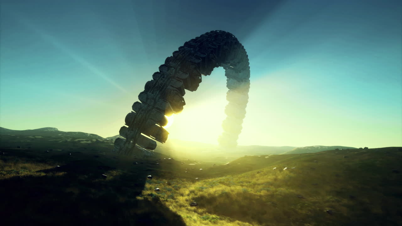 Mysterious alien ship hovers over a vast landscape at dusk