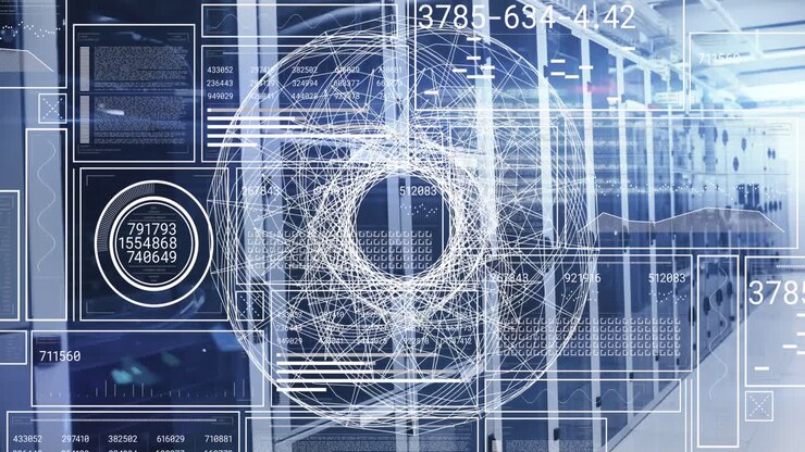 Animation of numbers, globe and data processing on screen over computer servers