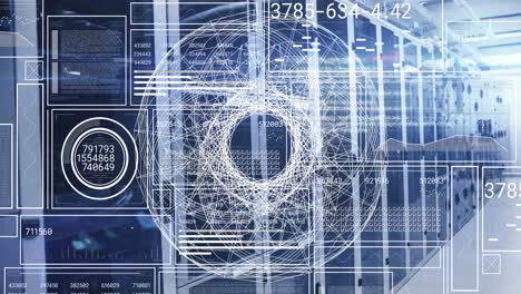 Animation-of-numbers,-globe-and-data-processing-on-screen-over-computer-servers