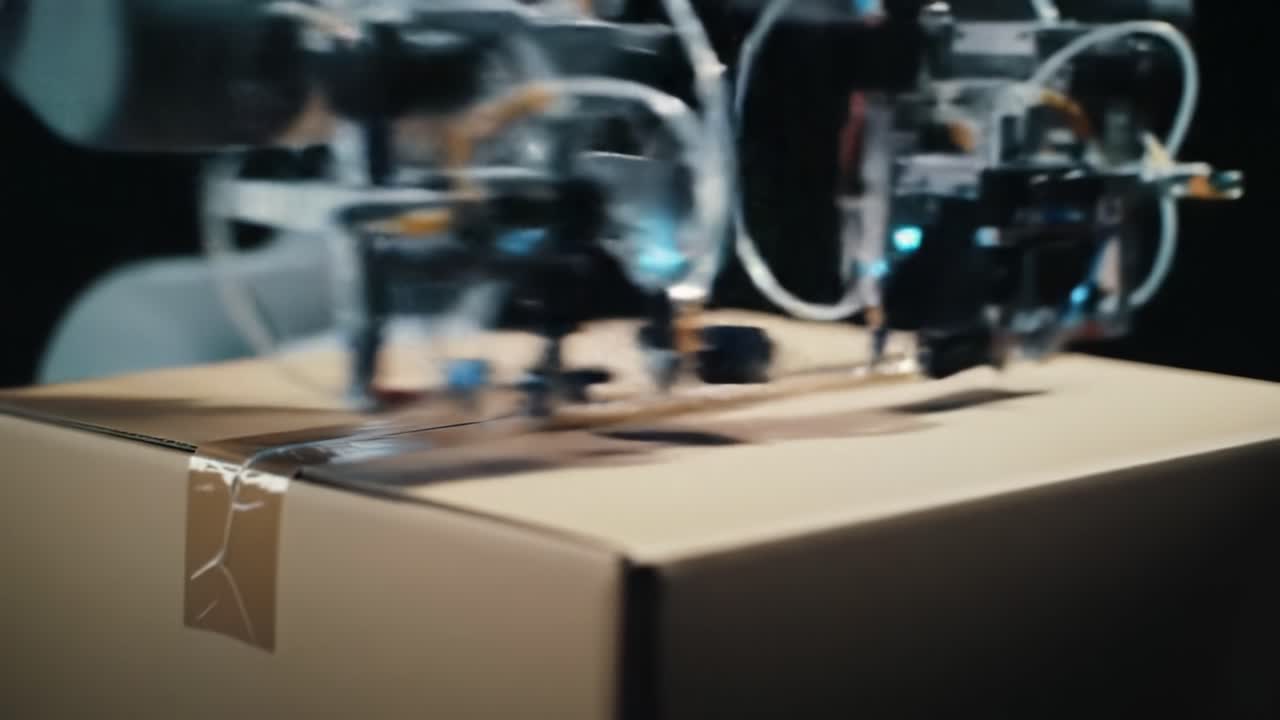 Advanced Robotic Arms Skillfully Handling a Delivery Package on a Production Line, Showcasing Precision in Modern Automation Technologies