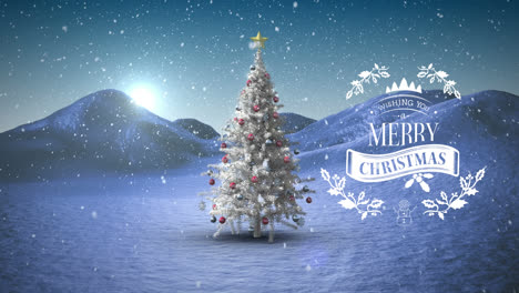 Animation-of-christmas-greetings-over-winter-landscape-background-with-christmas-tree