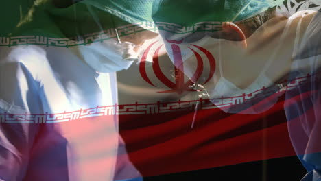 animation of flag of iran waving over surgeons in face masks