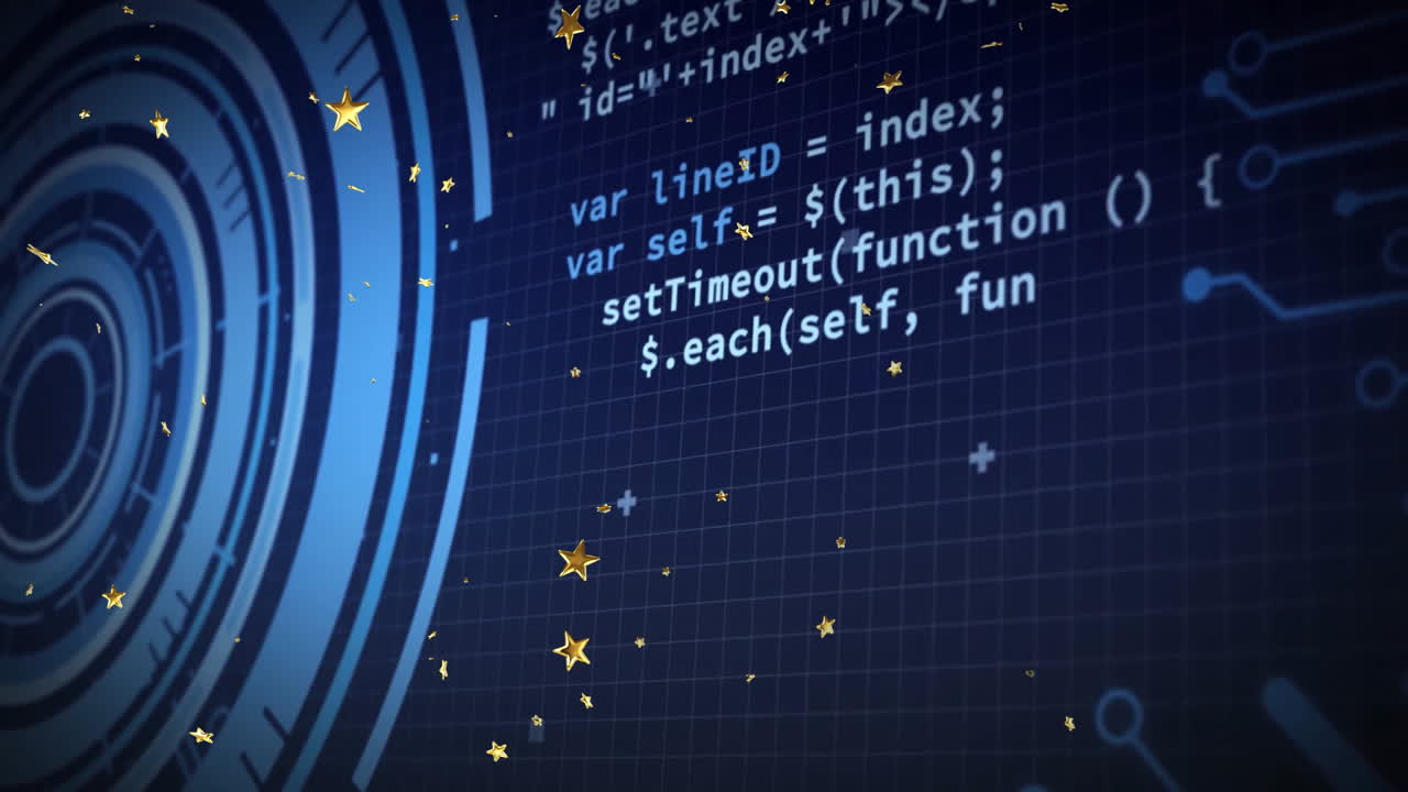 Blue grid background with digital circles and floating golden stars animation