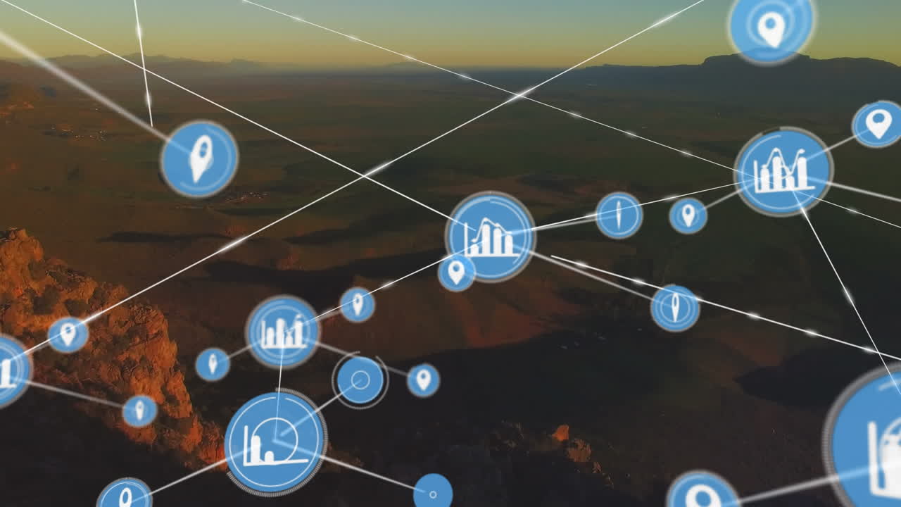 animación de la red de iconos de datos que intercambian datos sobre el paisaje nublado del atardecer
