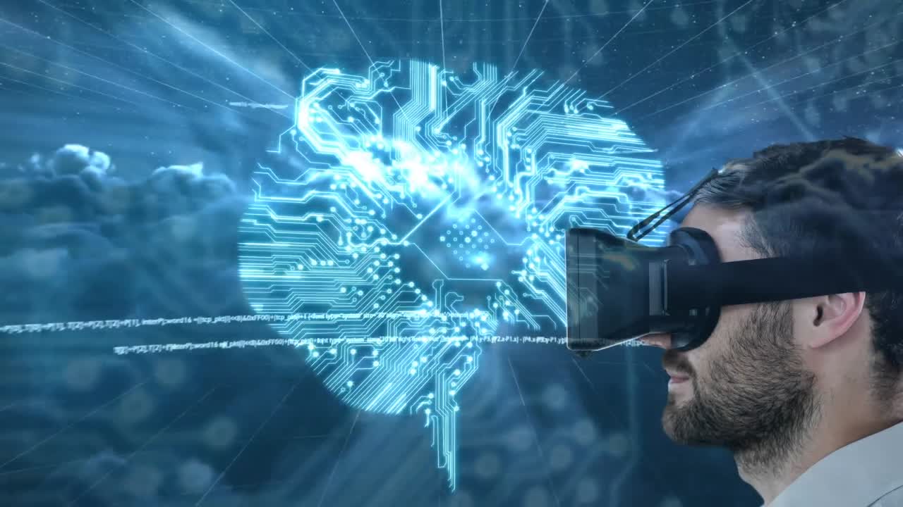 hombre caucásico con auriculares vr sobre conexiones de microprocesador que forman un cerebro y procesamiento de datos