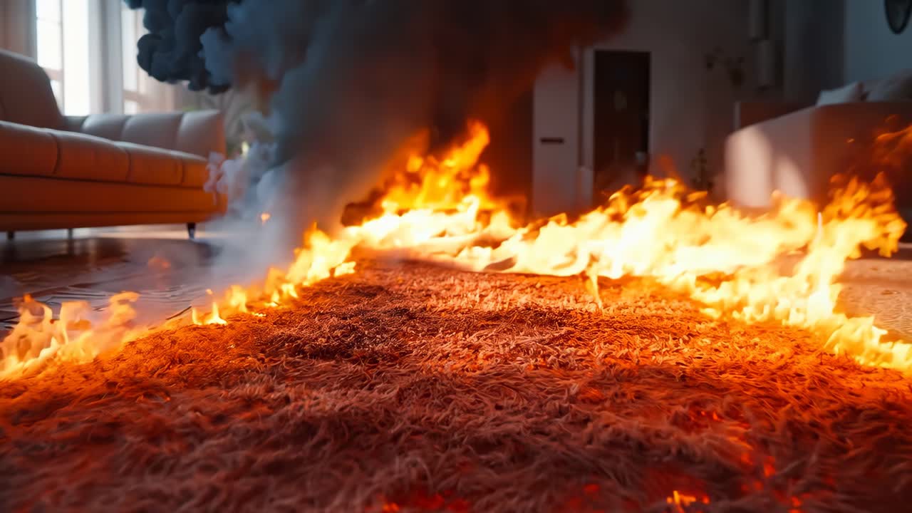 una sala de estar con un fuego ardiendo en el suelo