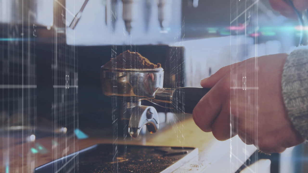 barista holding portafilter under espresso group head in coffee industry, with animated lines