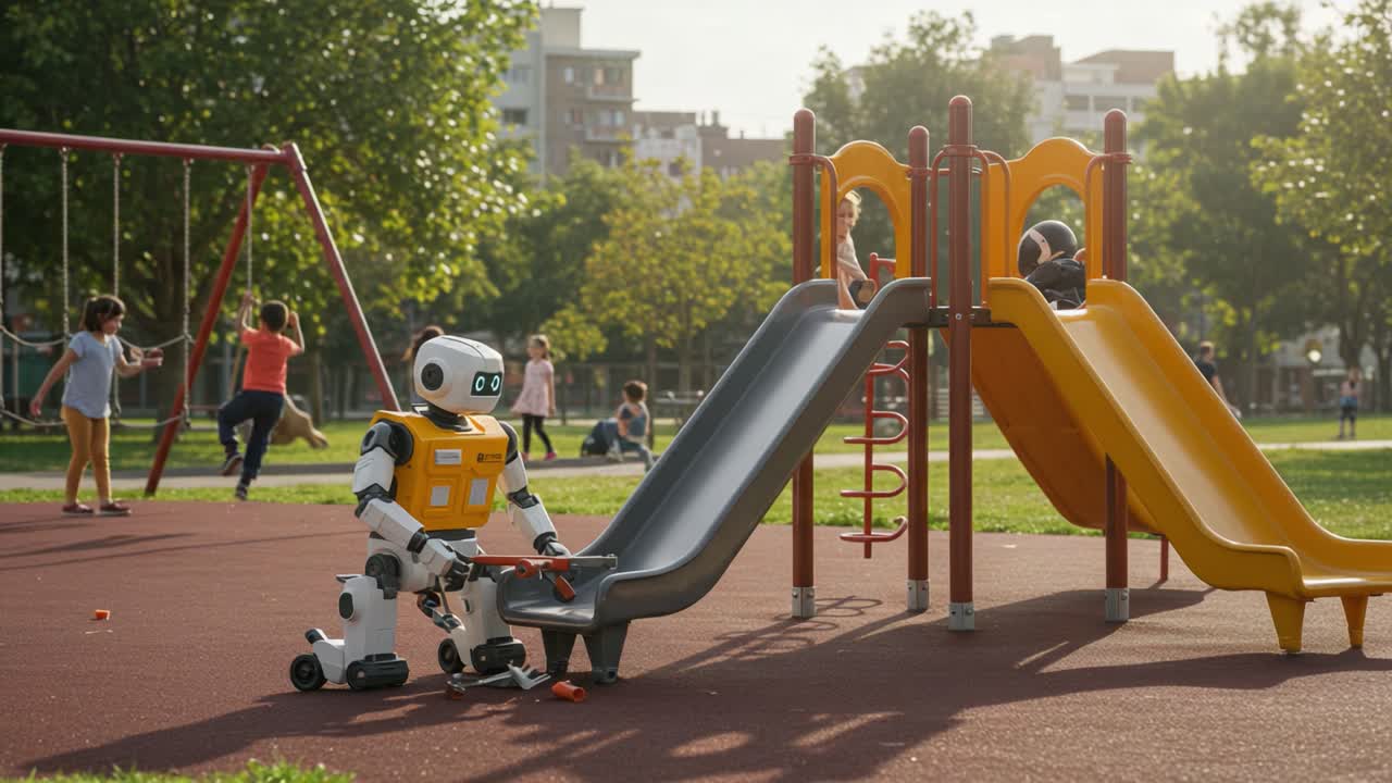 A Friendly Robot Assists Children at a Playground, Engaging with Slide Activity While Kids Play and Enjoy Their Time Outdoors in a Bright, Sunny Environment