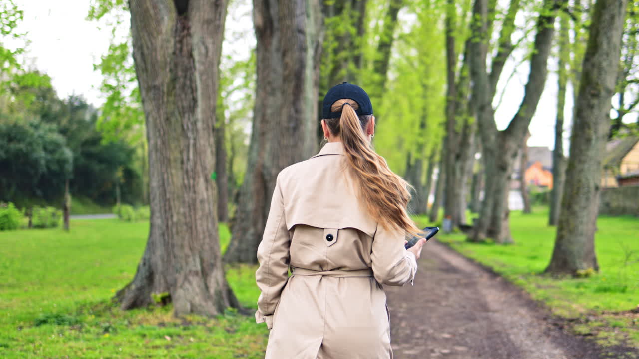 Wanita bahagia dengan mantel parit krem berjalan di taman musim semi. Wanita pirang cantik tersenyum menikmati hidup dan menghirup udara segar.