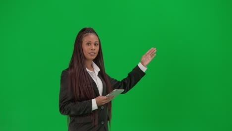 business woman presenting with tablet