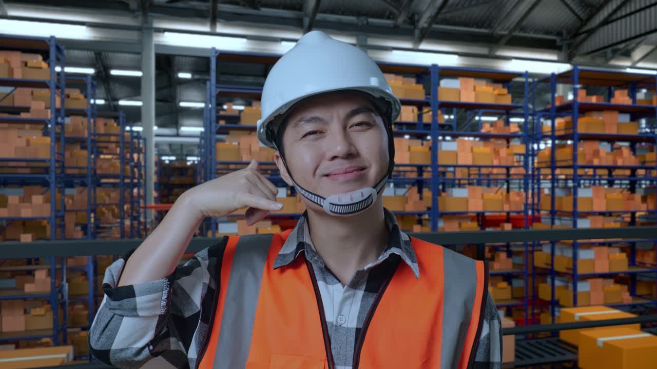 안전 헬을 입은 아시아 남성 엔지니어가 배달 물품으로 가득 찬 선반과 함께 창고에 서서 카메라에 미소 짓고 창고에서 나를 호출하는 몸짓을합니다.