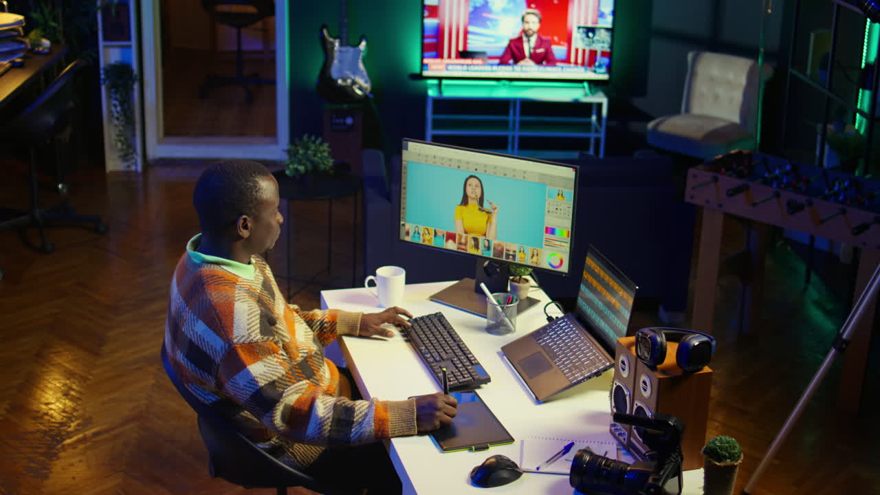 Man editing photos at his home office