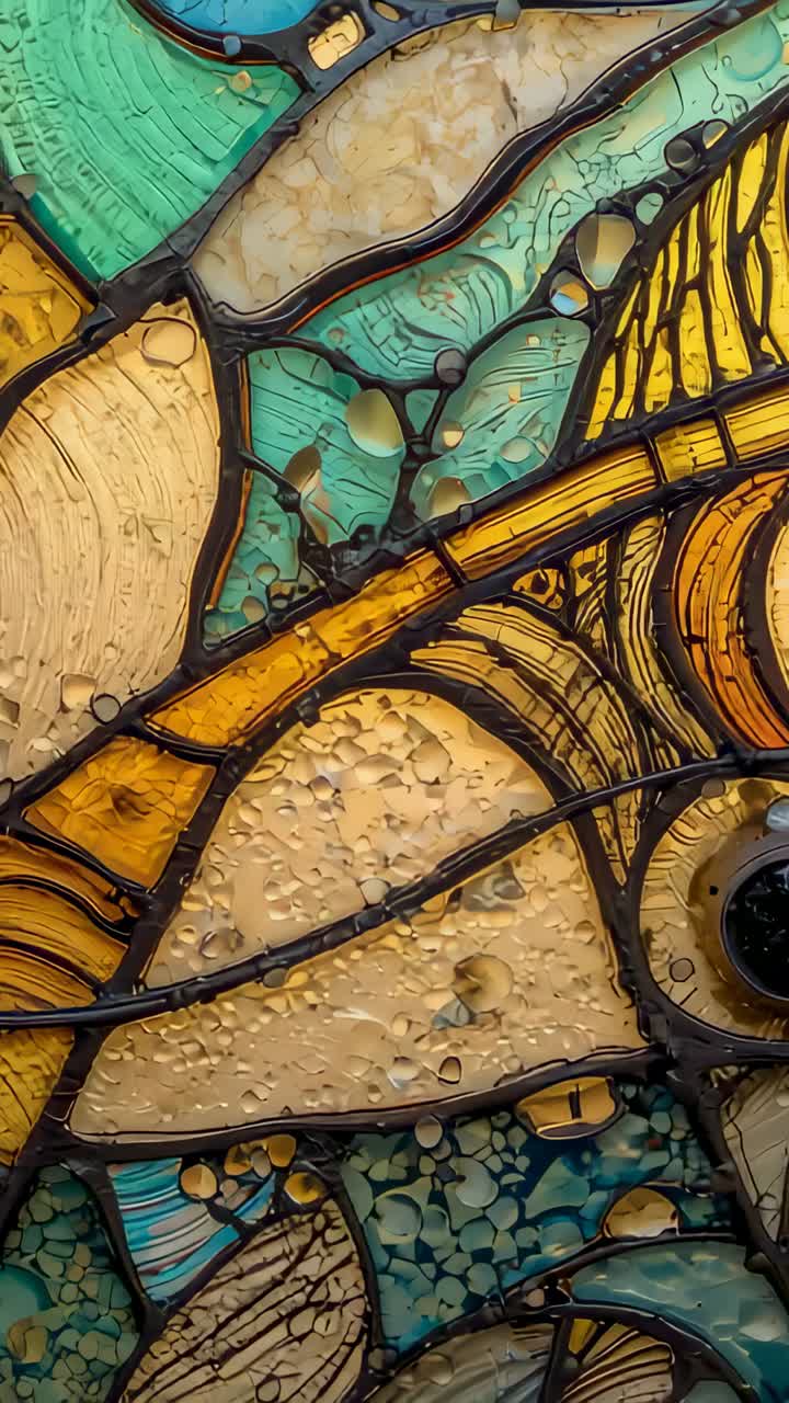 Video verticale: ripresa panoramica di un pannello di vetro colorato che rivela una banda gialla in calda retroilluminazione, mostrando un rivetto