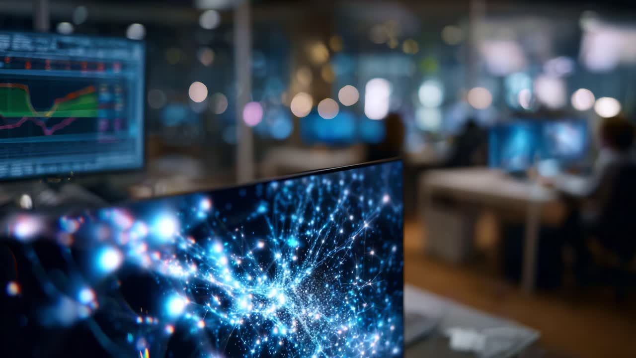 Dynamic Visualizations of Data and Analytics in a Modern Office Environment, Showcasing High-Tech Workstations and Digital Information Representation