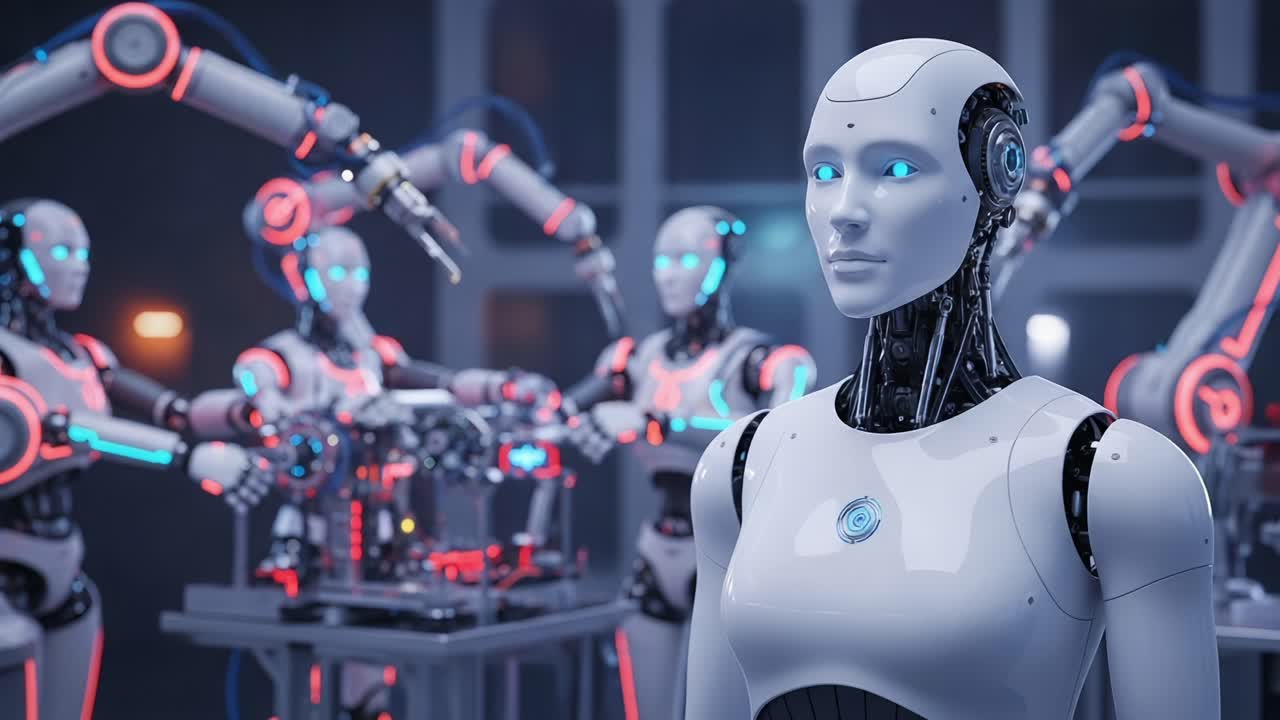 A highly advanced humanoid robot stands prominently in a futuristic setting, surrounded by multiple robotic arms, showcasing the integration of cutting-edge technology and automation