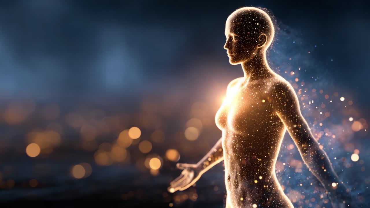 A captivating portrayal of a luminous, ethereal figure, radiating sparks of light amidst a mystical background, symbolizing the connection between humanity and the infinite