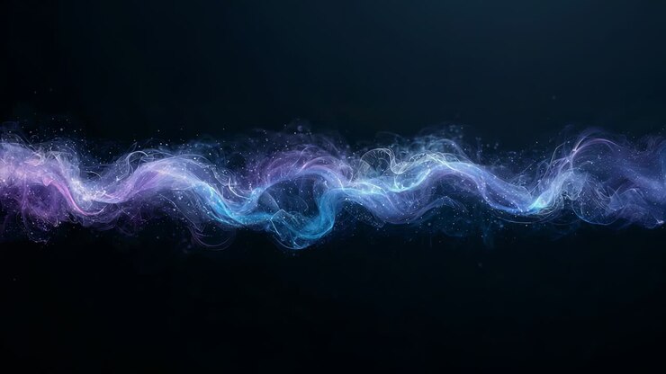 Nastro luminoso fluente che si arriccia attraverso il vuoto scuro, con animazione che inizia, ispessendosi con particelle.