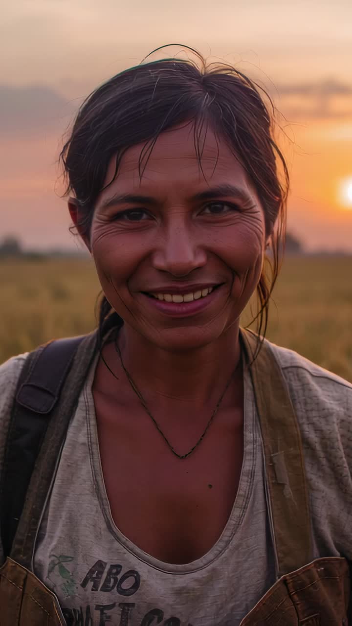 Vertical video: Smiling woman in work clothes and necklace standing in field, reacting to sunset