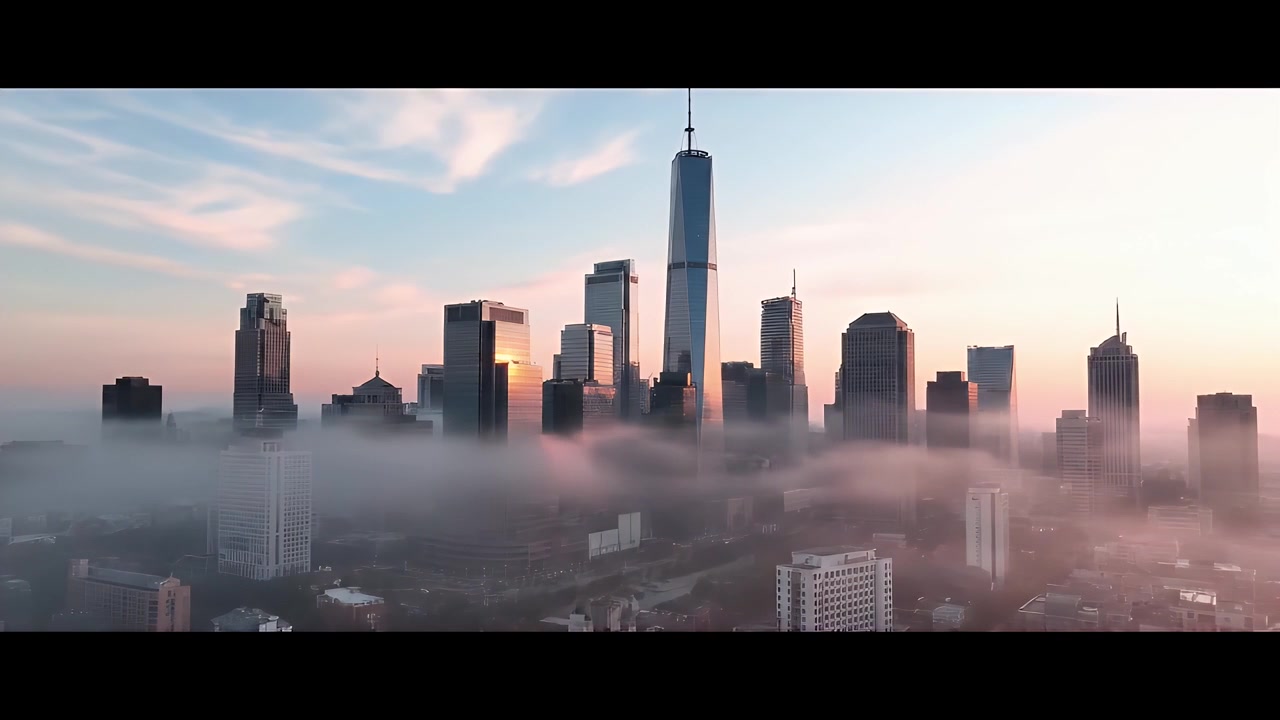 Vista aérea del horizonte de la ciudad de Nueva York al amanecer con nubes bajas